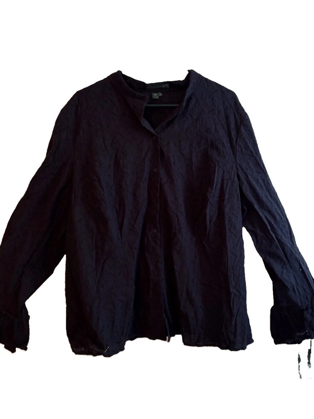 Lauren Ralph Lauren Navy Blue Cotton Eyelet Blouse ButtonUp Top Ruffle Cuffs NWT